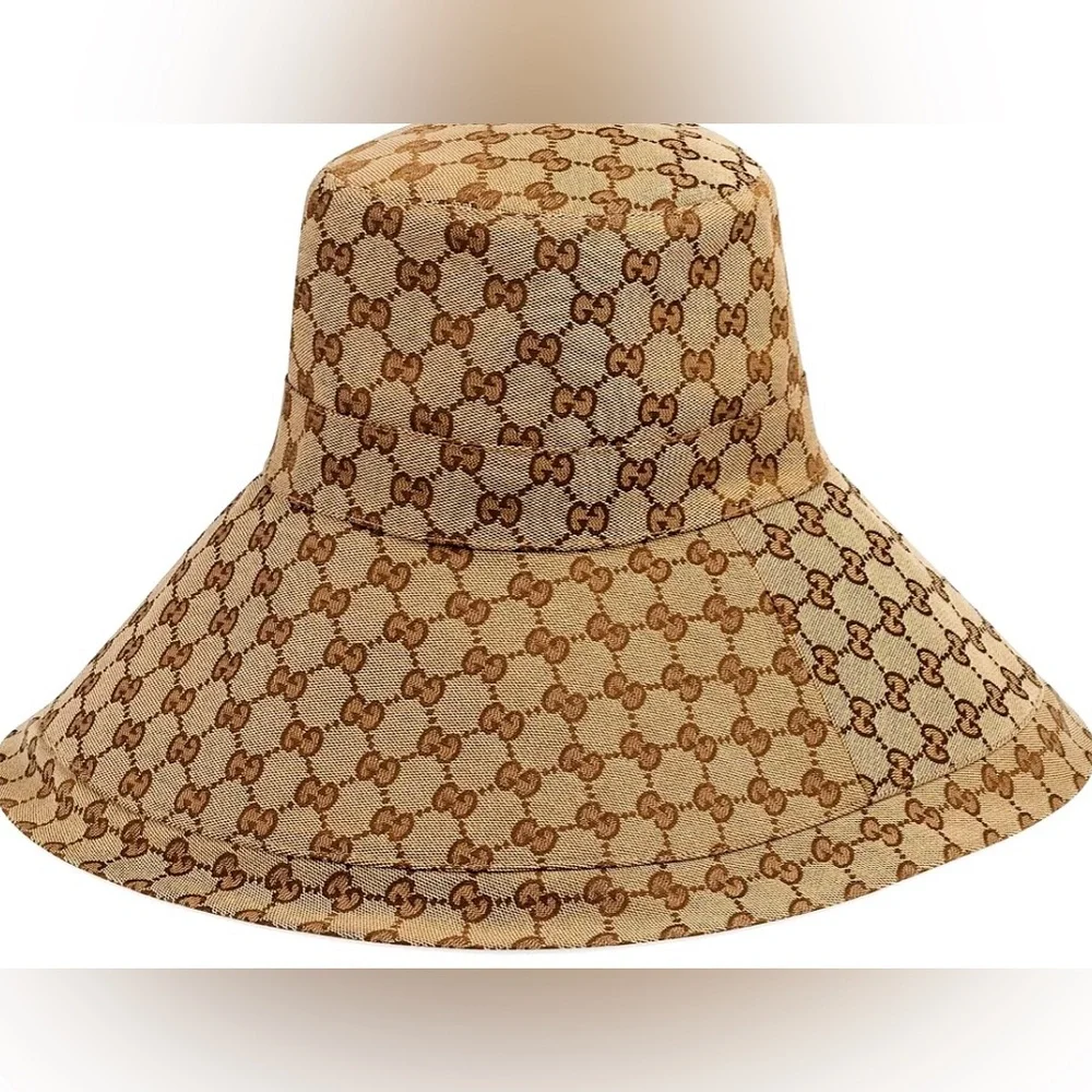 Gucci Beige GG Monogram Bucket Hat Wide Large Brim Jacquard Canvas Sun Beach - Picture 2 of 16